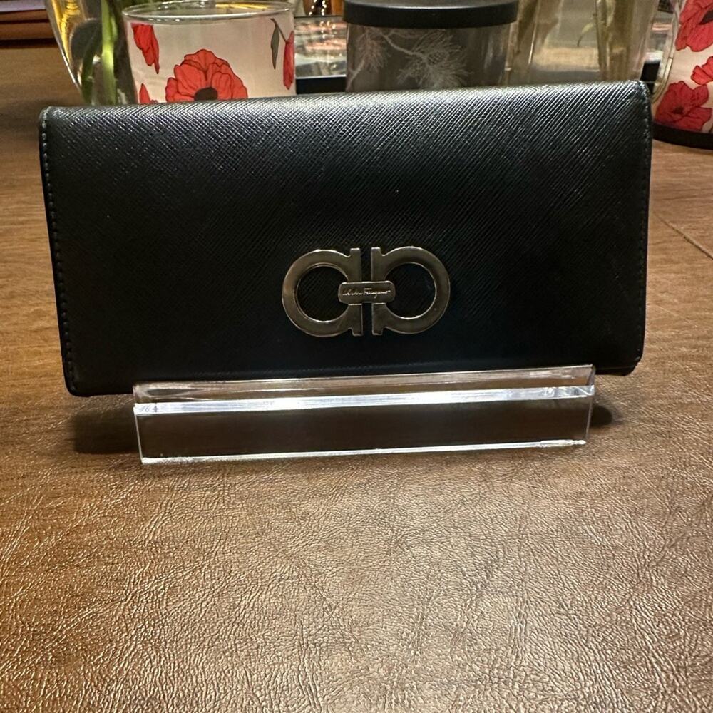 Salvatore Ferragamo Gancini Black Calfskin Continental Flap Long Wallet Women's